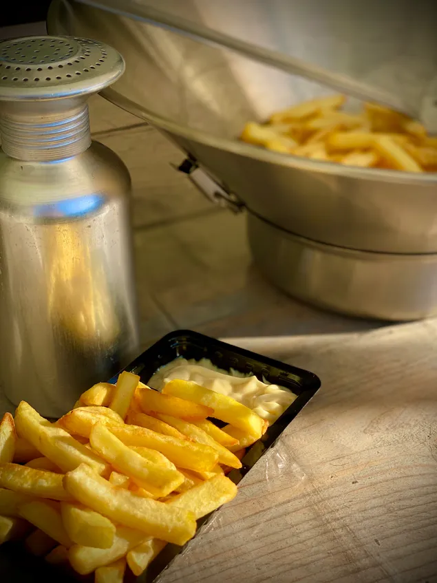 Een bak friet met mayonaise, een zoutbus en een schaal waarin de friet geschud kan worden.